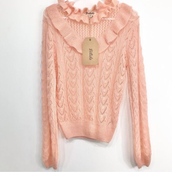 Listicle Pale Pink Ruffle Yoke Feminine Romantic Open Knit Pullover Sweater NEW - Picture 1 of 16